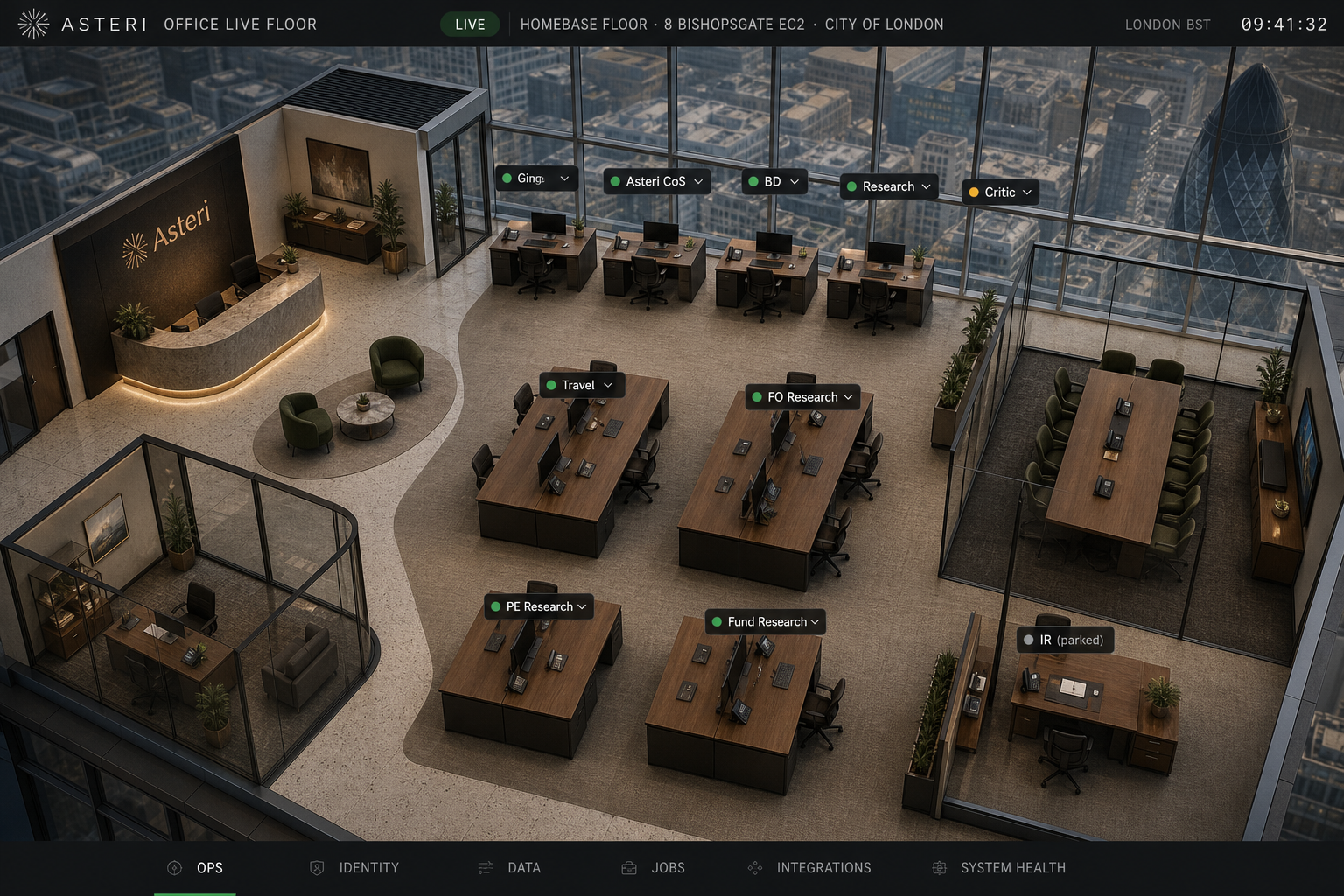 Asteri office live floor desk mock, 8 Bishopsgate concept